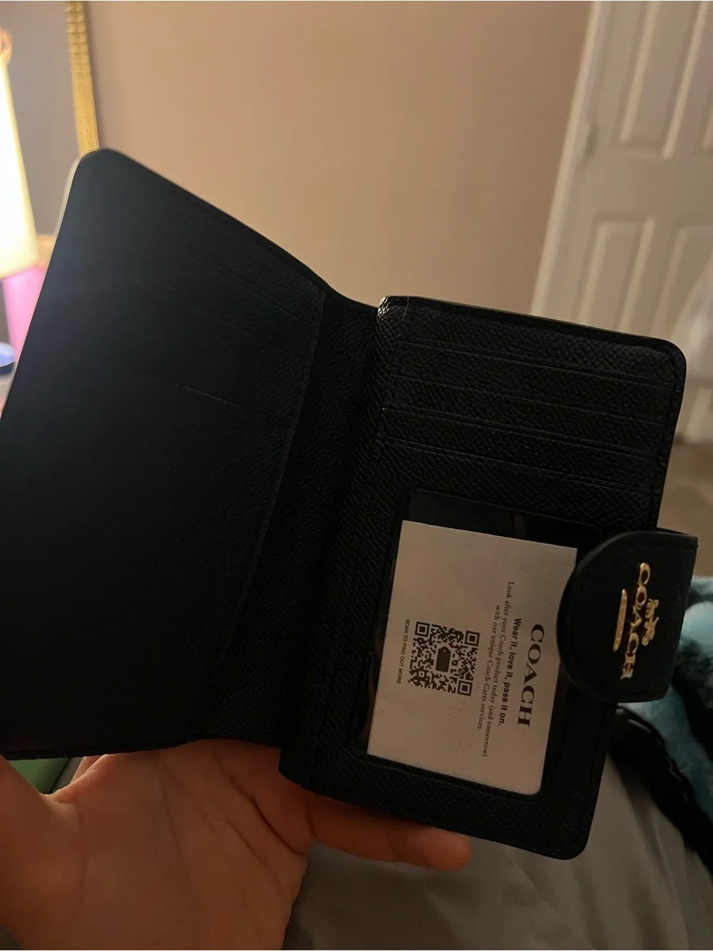 Coach Black Leather Compact Card Holder with Gold Logo